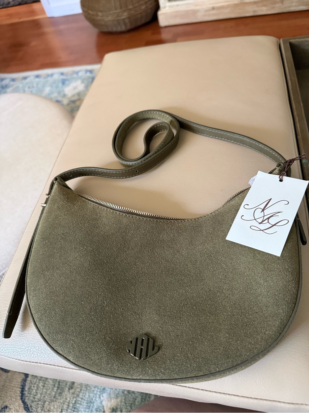 Olive Green Crescent Shoulder Bag 100%leather suede